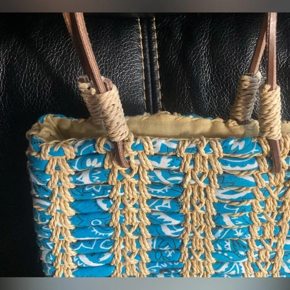 Ralph Lauren Polo Jean Co. Blue & White Bandanna Woven Straw Mini Bag - Picture 9 of 11